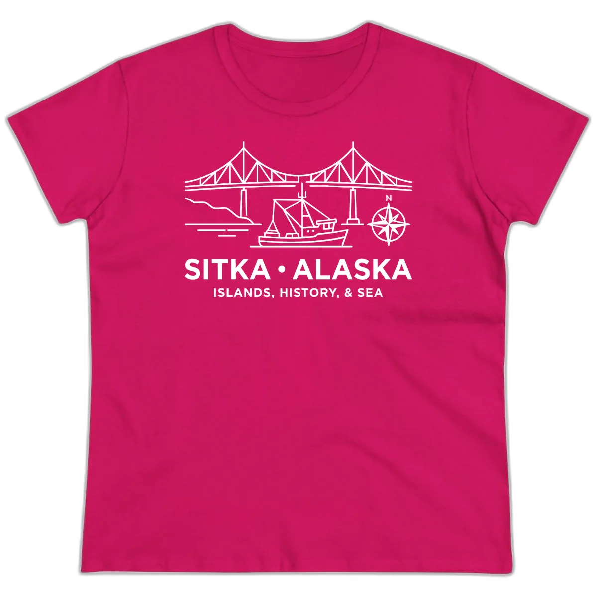 Sitka Alaska Bridge Boat Compass Rose Ladies Tee in Heliconia
