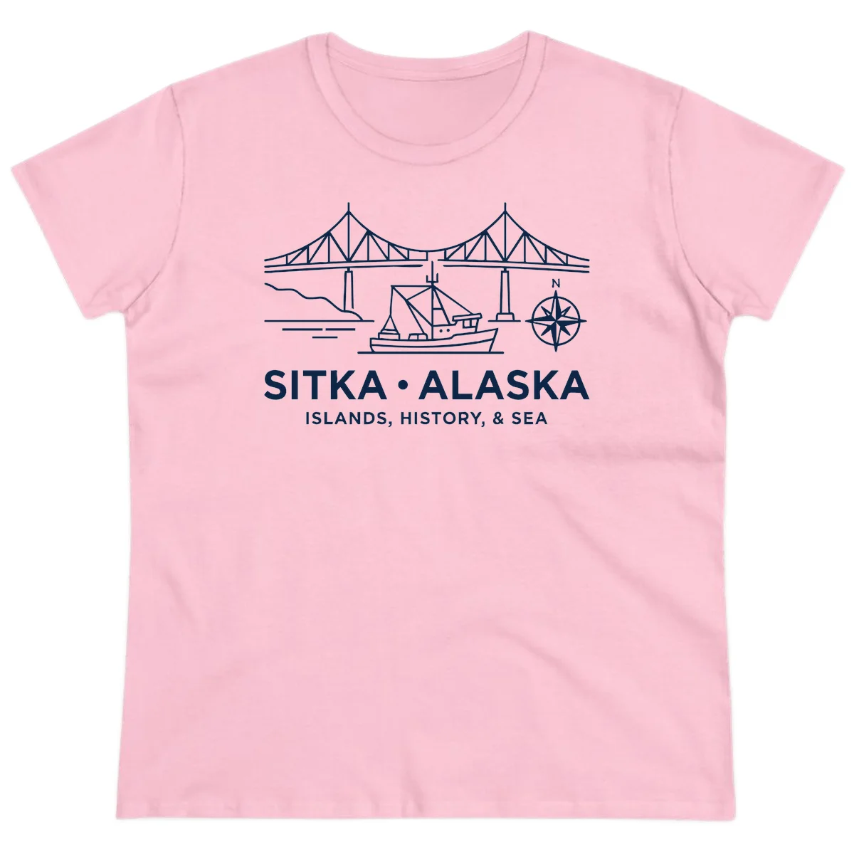 Sitka Alaska Bridge Boat Compass Rose Ladies Tee in Light Pink