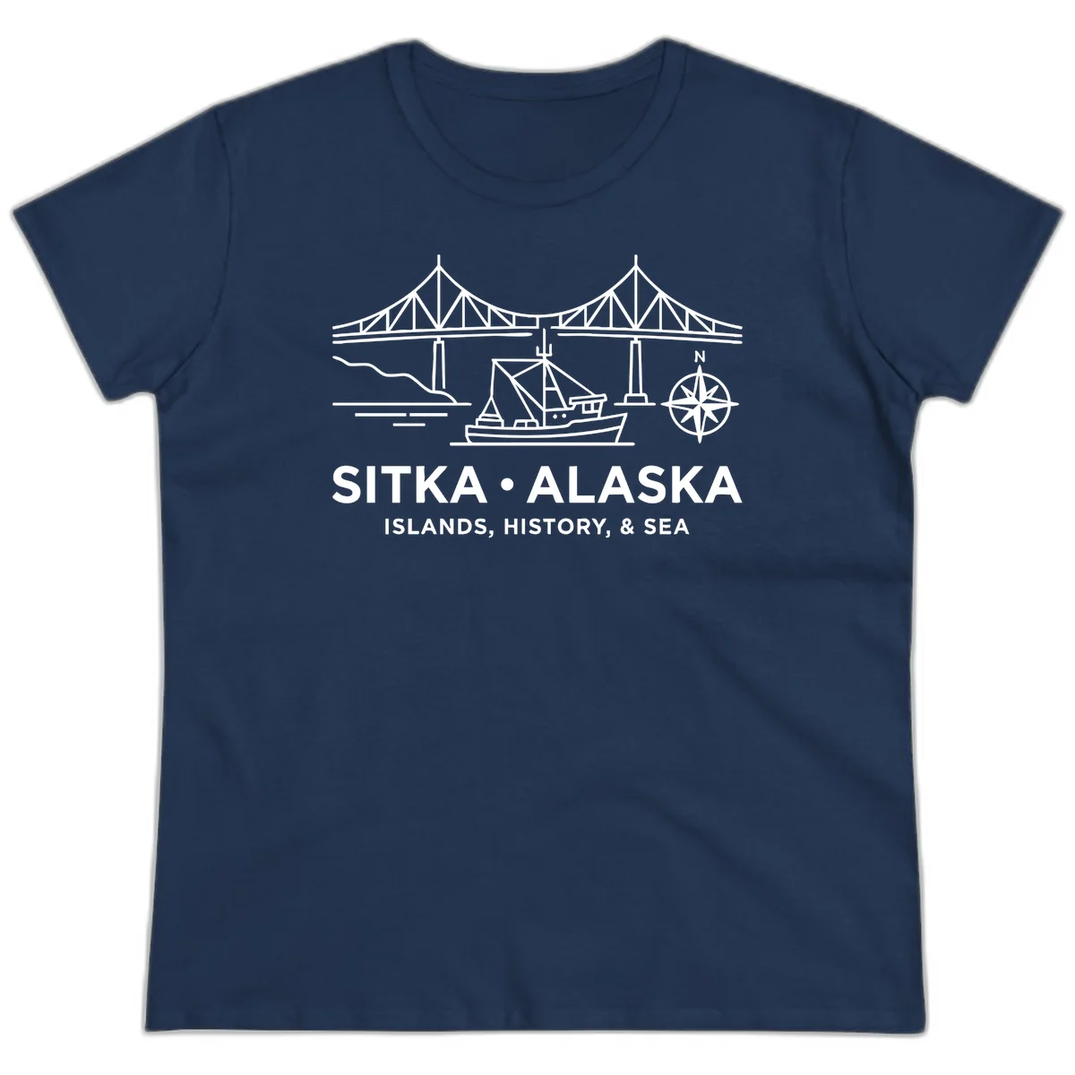 Sitka Alaska Bridge Boat Compass Rose Ladies Tee in Navy