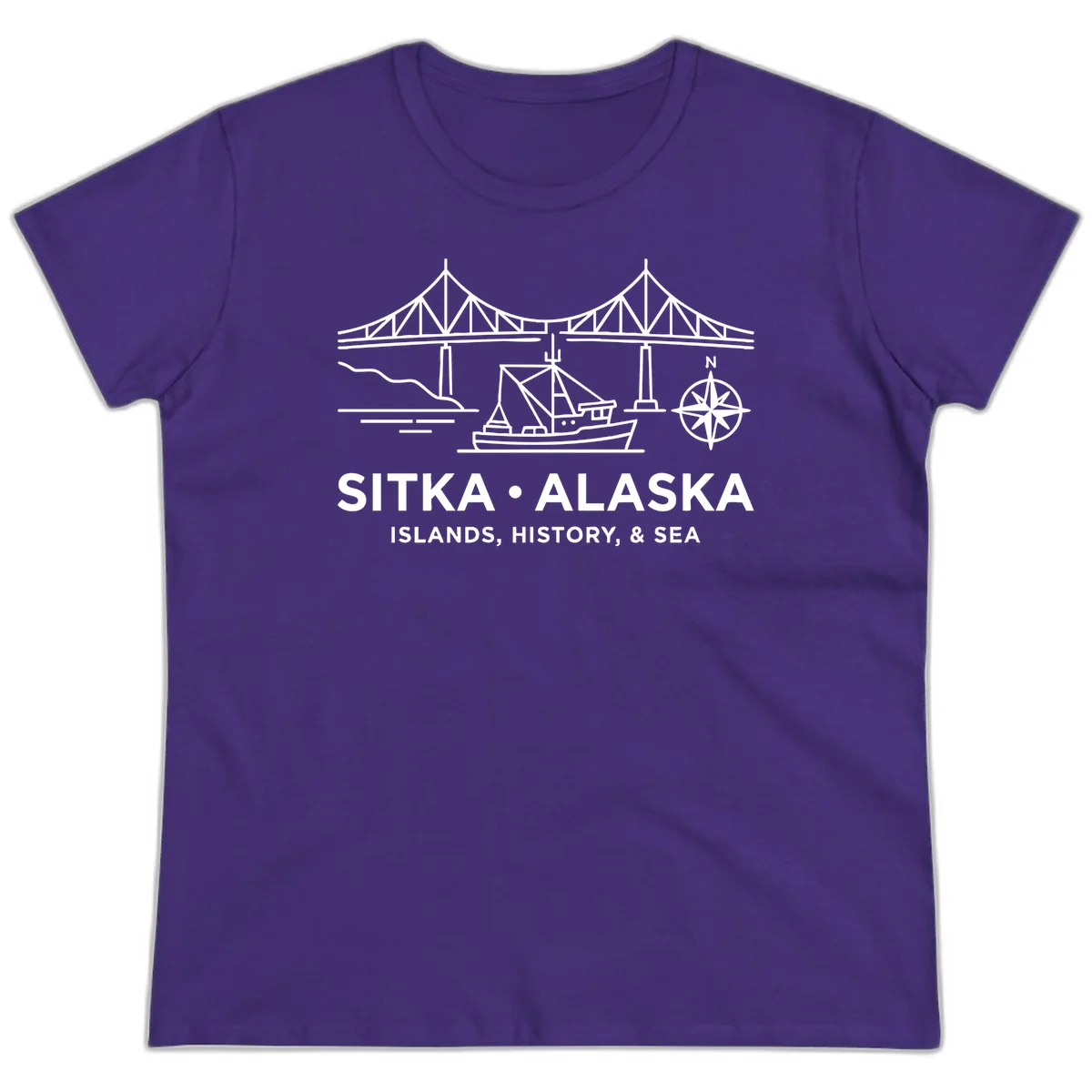 Sitka Alaska Bridge Boat Compass Rose Ladies Tee in Purple