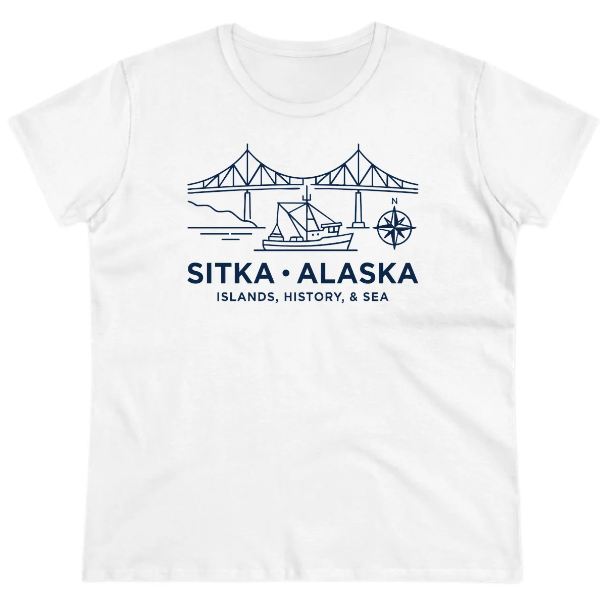 Sitka Alaska Bridge Boat Compass Rose Ladies Tee in White
