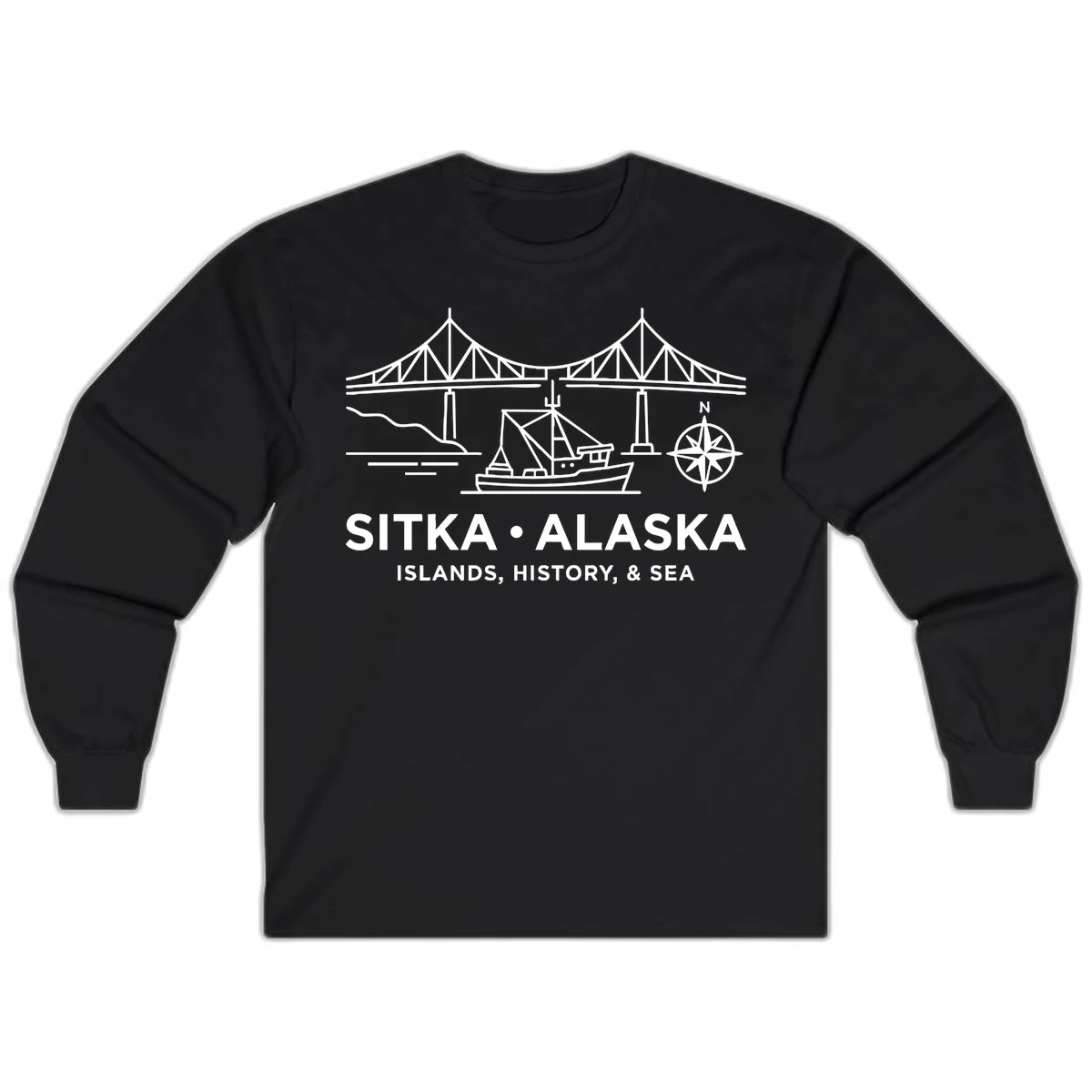 Sitka Alaska Bridge Boat Compass Rose Long Sleeve Tee in Black