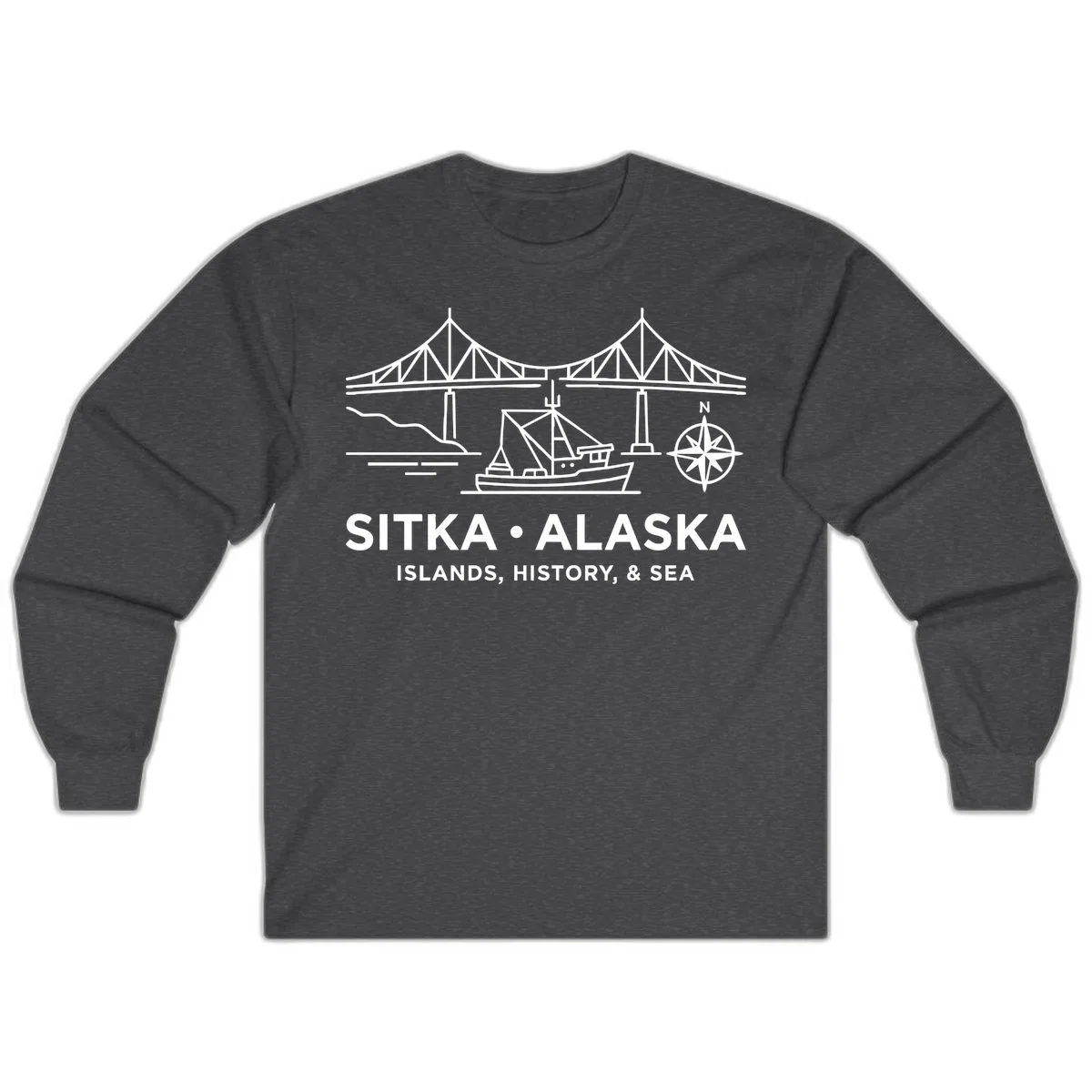 Sitka Alaska Bridge Boat Compass Rose Long Sleeve Tee in Dark Heather
