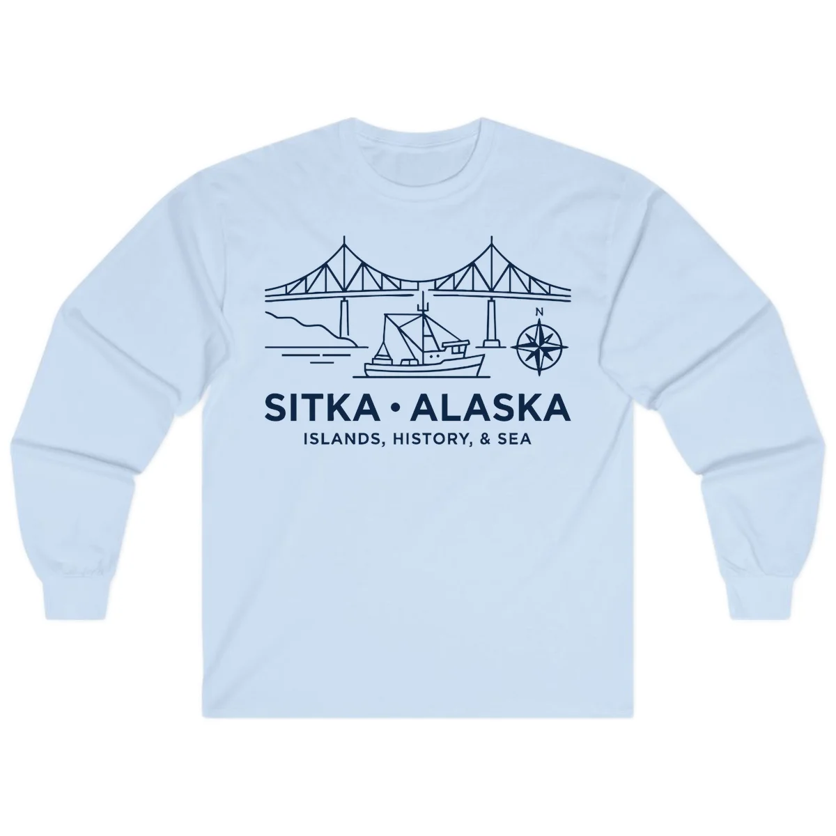 Sitka Alaska Bridge Boat Compass Rose Long Sleeve Tee in Light Blue