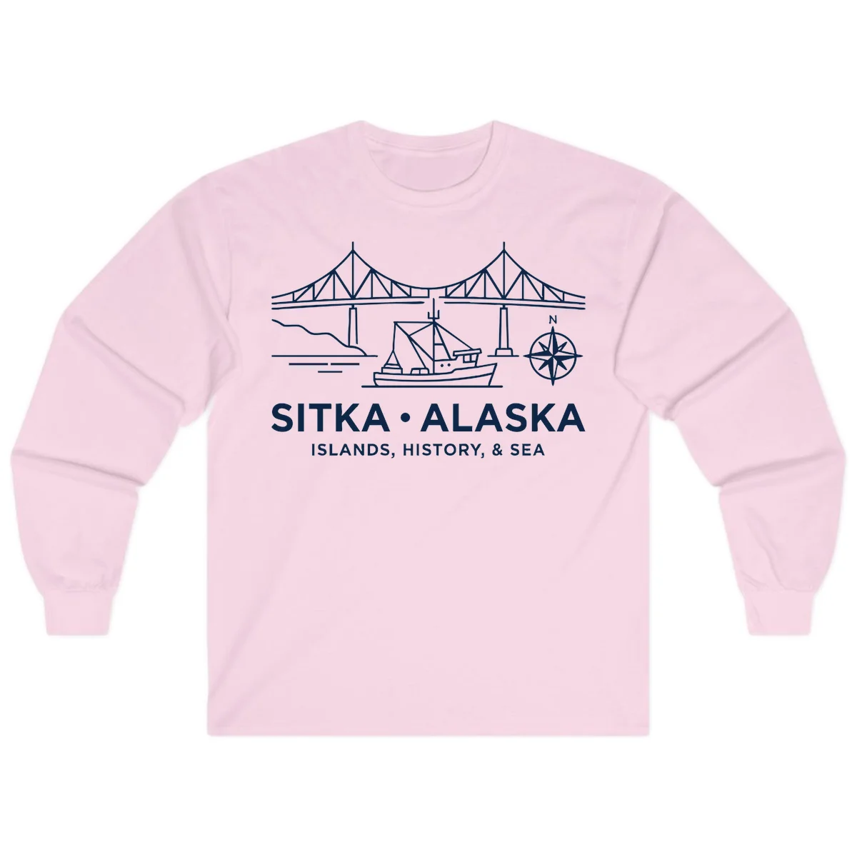 Sitka Alaska Bridge Boat Compass Rose Long Sleeve Tee in Light Pink