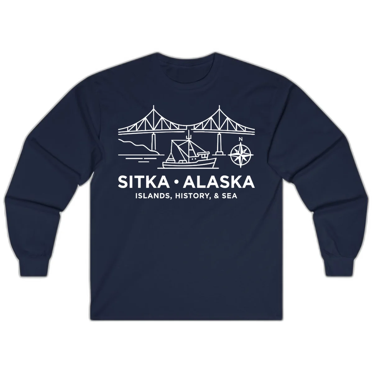 Sitka Alaska Bridge Boat Compass Rose Long Sleeve Tee in Navy