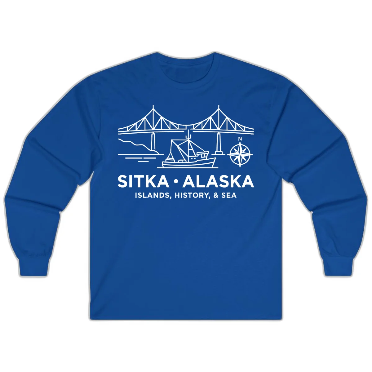 Sitka Alaska Bridge Boat Compass Rose Long Sleeve Tee in Royal