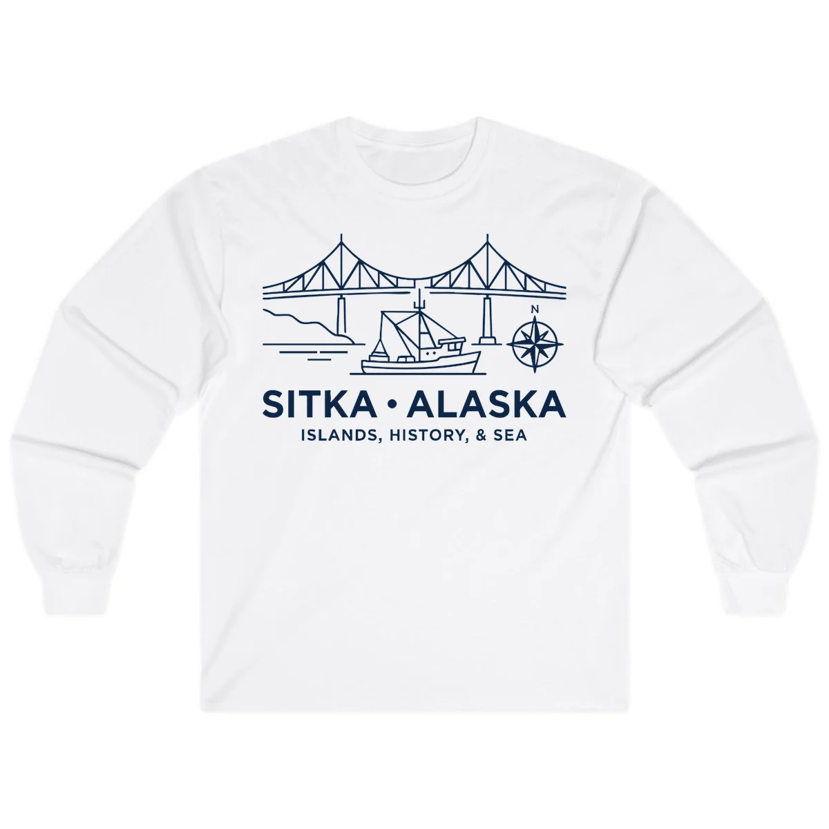 Sitka Alaska Bridge Boat Compass Rose Long Sleeve Tee in White