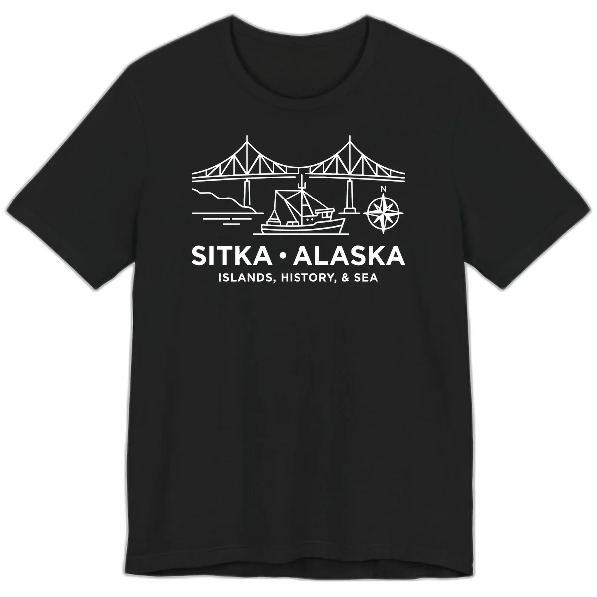 Sitka Alaska Bridge Boat Compass Rose Premium T-Shirt in Black