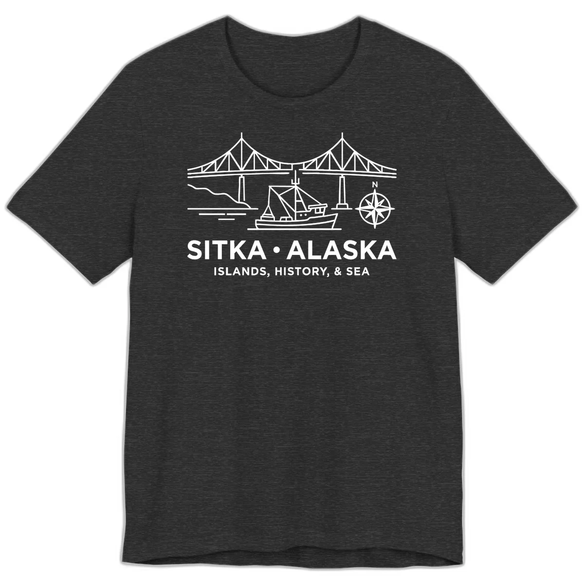 Sitka Alaska Bridge Boat Compass Rose Premium T-Shirt in Dark Grey Heather