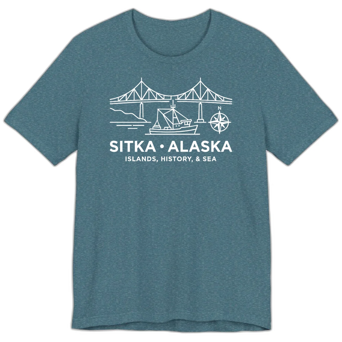 Sitka Alaska Bridge Boat Compass Rose Premium T-Shirt in Heather Deep Teal