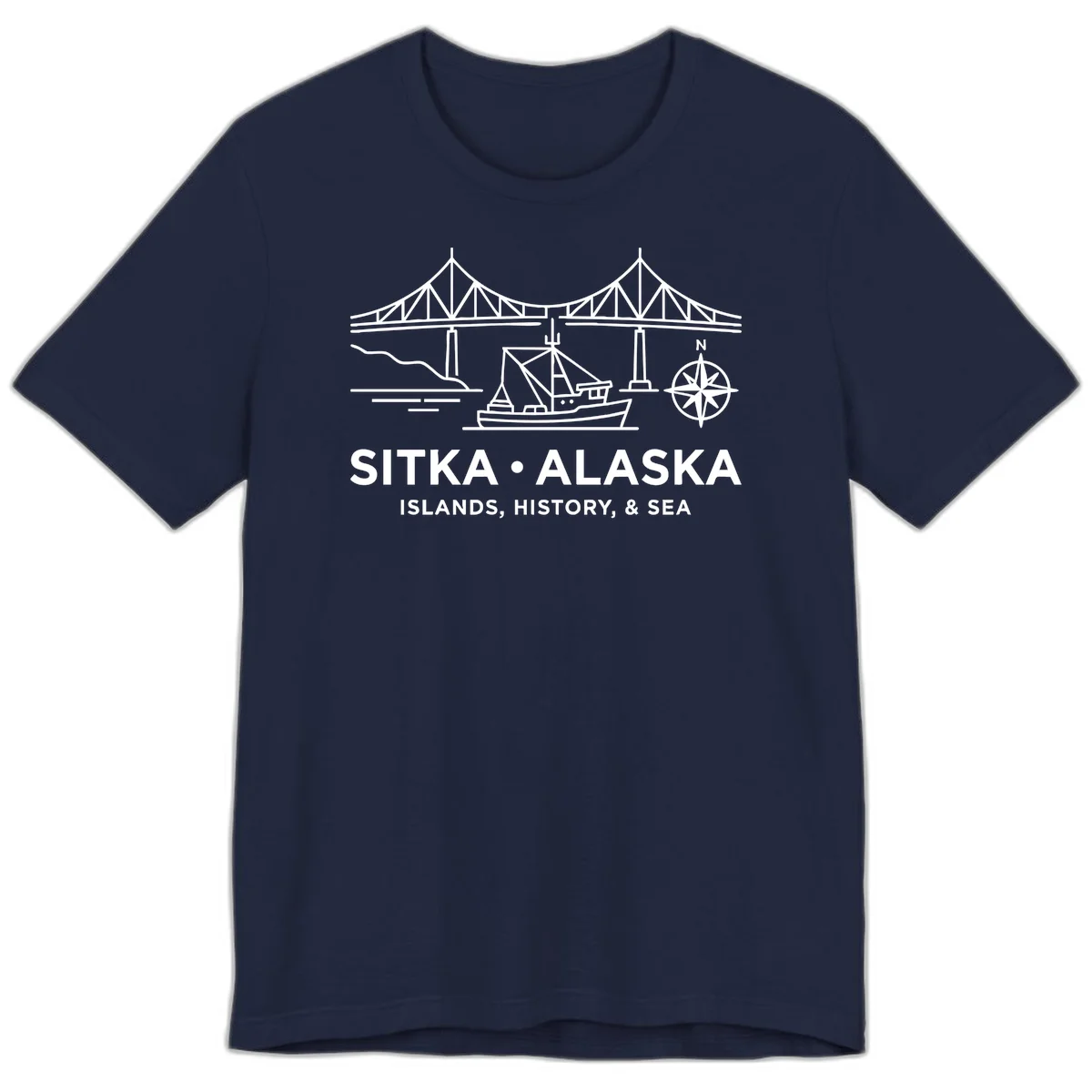 Sitka Alaska Bridge Boat Compass Rose Premium T-Shirt in Navy