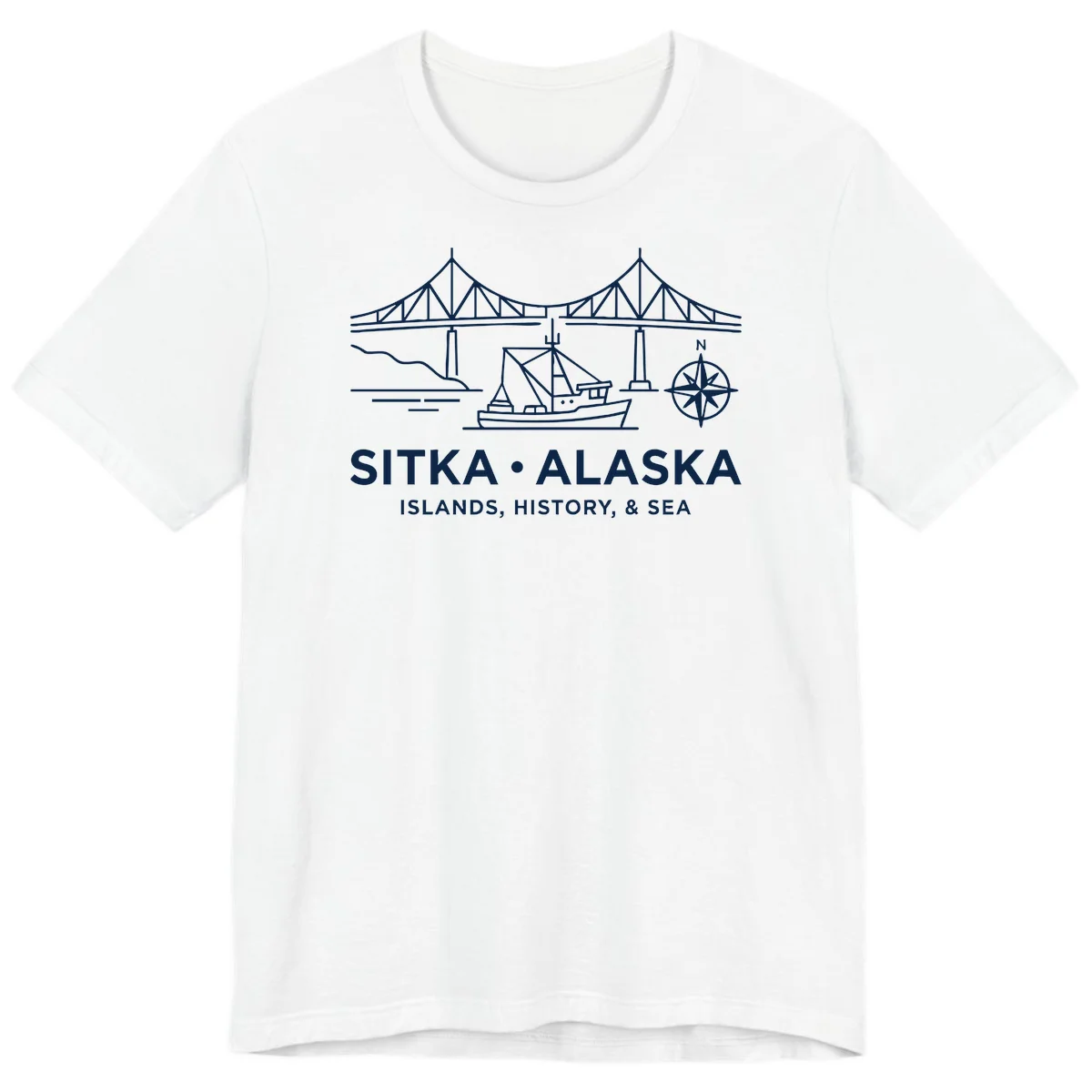 Sitka Alaska Bridge Boat Compass Rose Premium T-Shirt in White