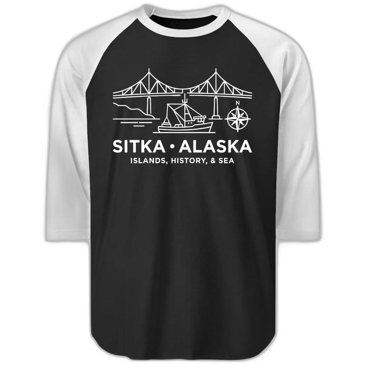 Sitka Alaska Bridge Boat Compass Rose Raglan 3/4 Sleeve in Black White