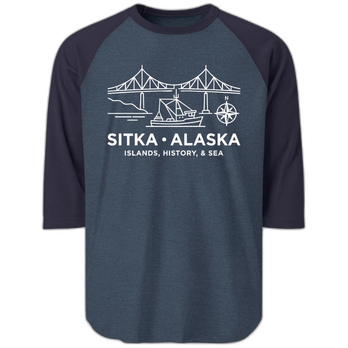 Sitka Alaska Bridge Boat Compass Rose Raglan 3/4 Sleeve in Heather Denim Navy