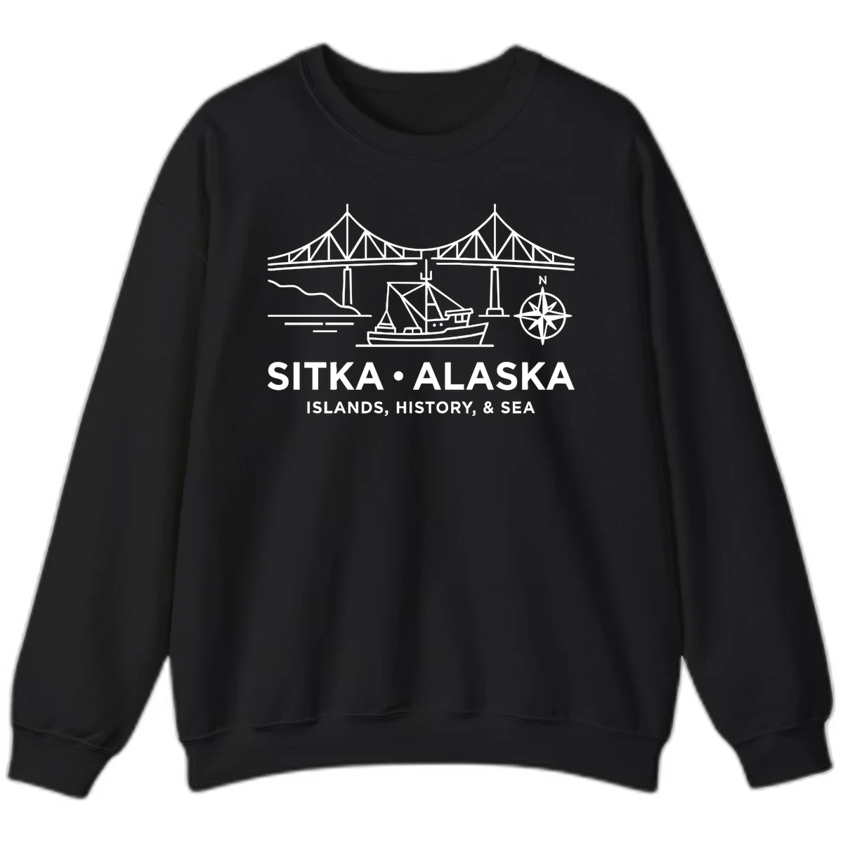 Sitka Alaska Bridge Boat Compass Rose Sweatshirt in Black
