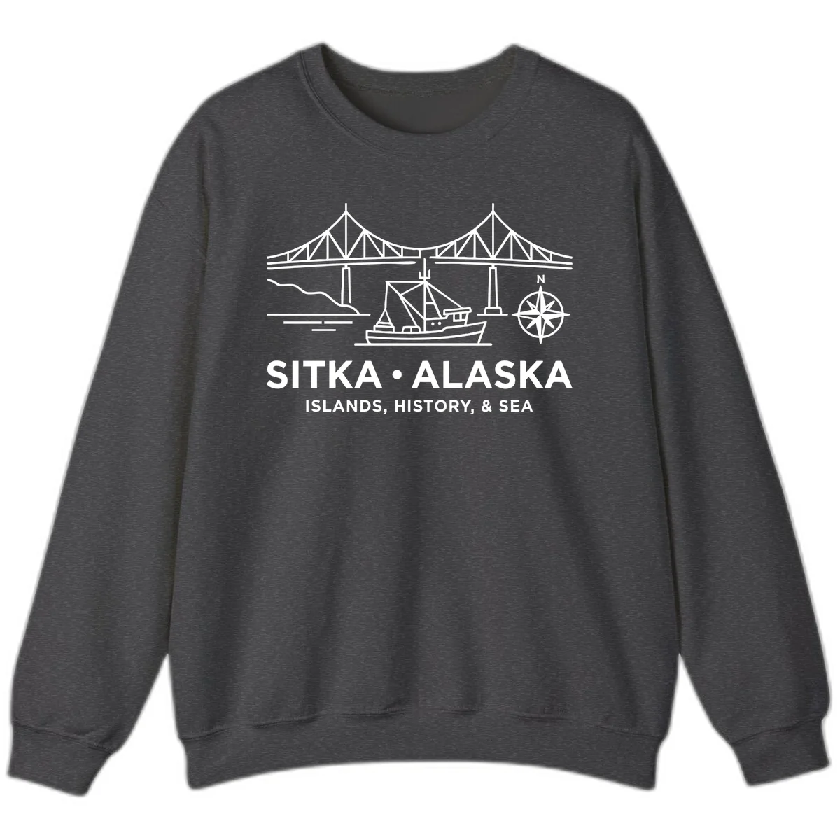 Sitka Alaska Bridge Boat Compass Rose Sweatshirt in Dark Heather