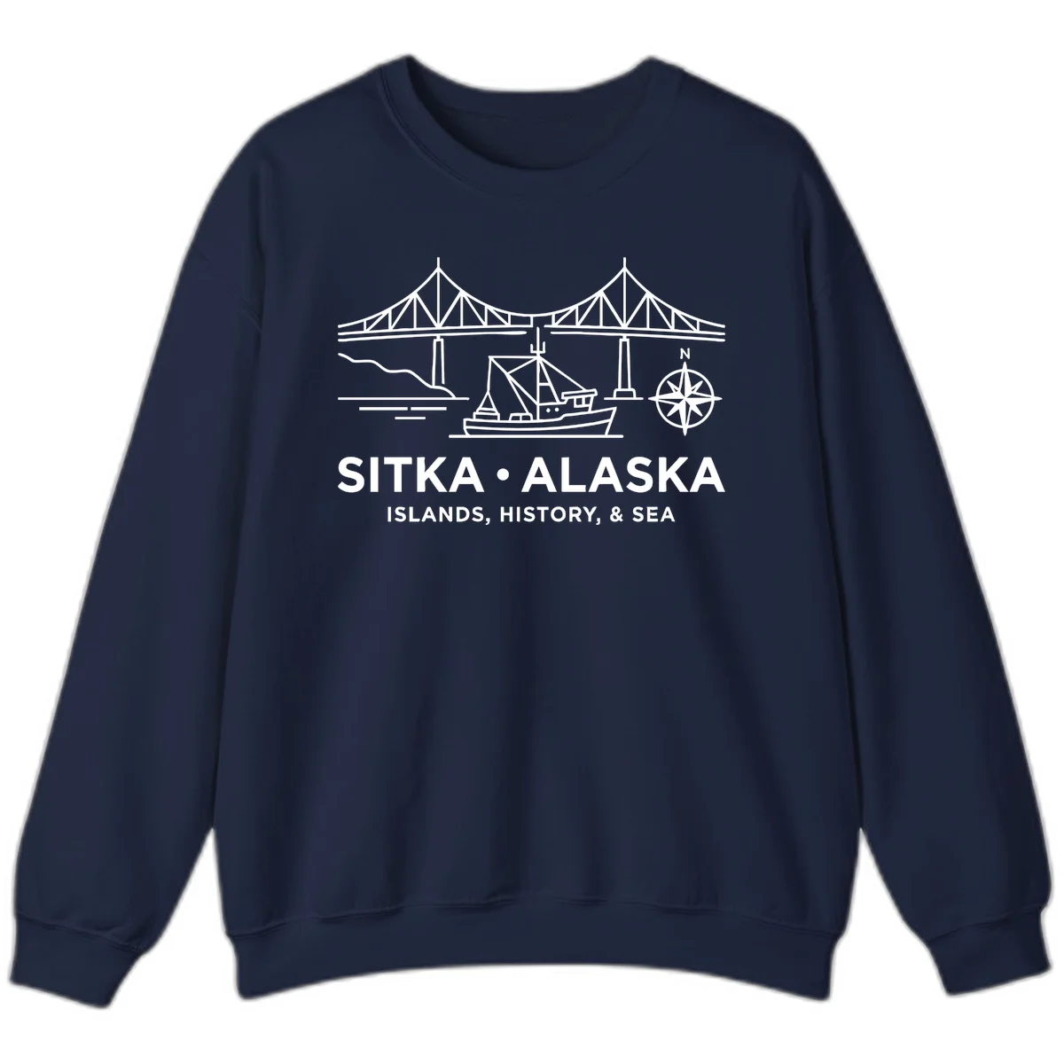 Sitka Alaska Bridge Boat Compass Rose Sweatshirt in Navy