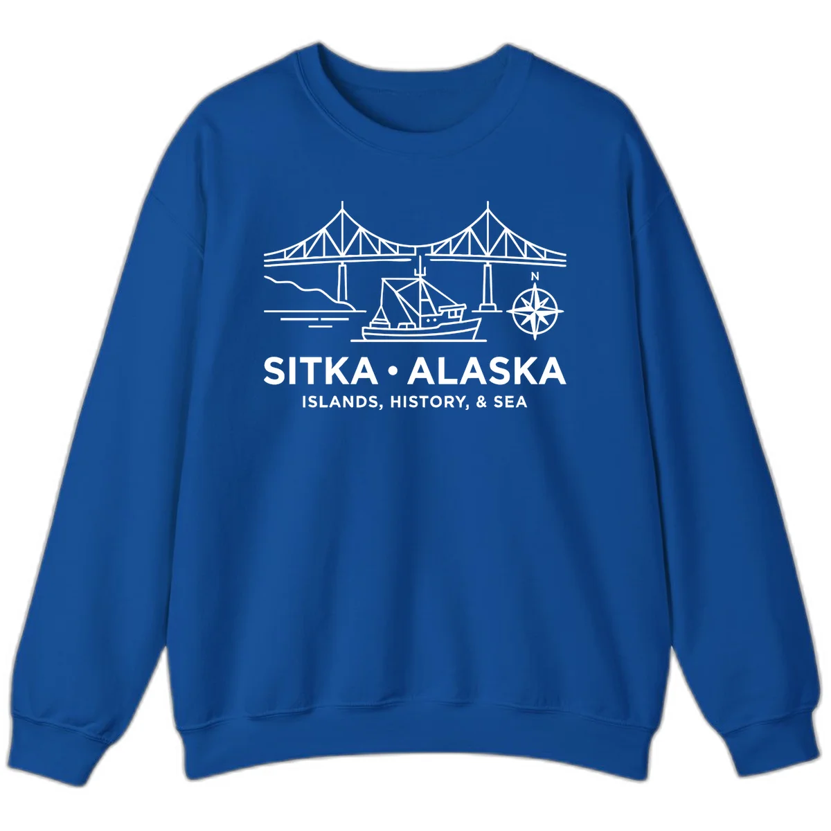 Sitka Alaska Bridge Boat Compass Rose Sweatshirt in Royal