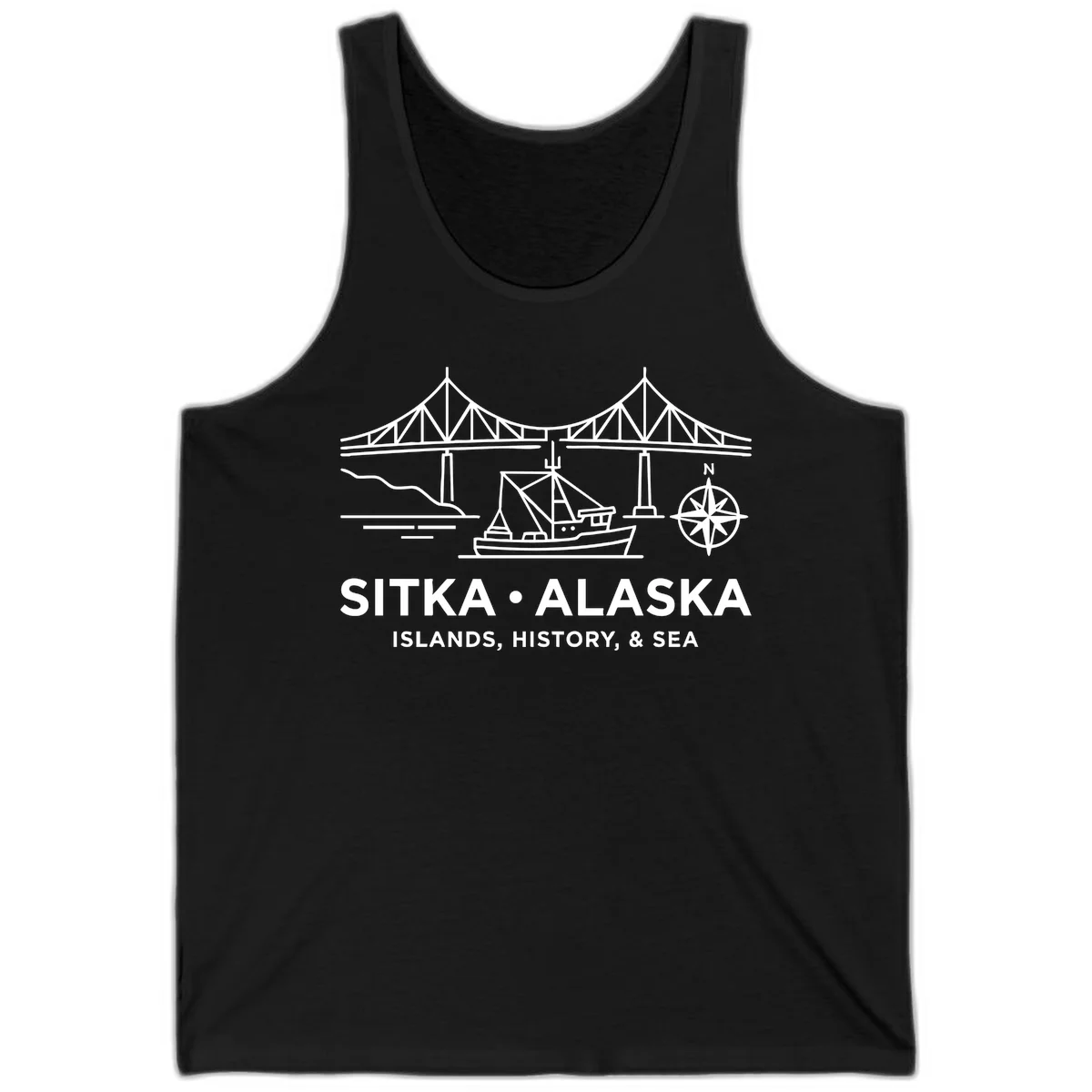 Sitka Alaska Bridge Boat Compass Rose Tank Top in Black