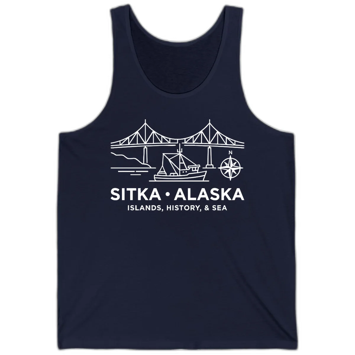 Sitka Alaska Bridge Boat Compass Rose Tank Top in Navy