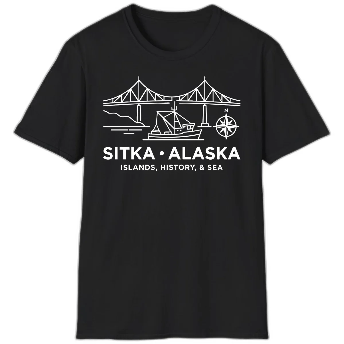 Sitka Alaska Bridge Boat Compass Rose T-Shirt in Black