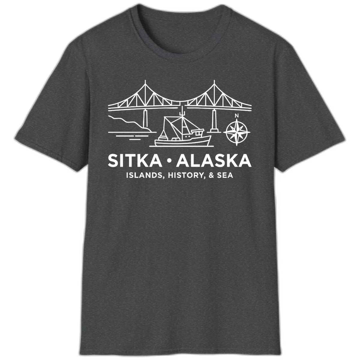 Sitka Alaska Bridge Boat Compass Rose T-Shirt in Dark Heather
