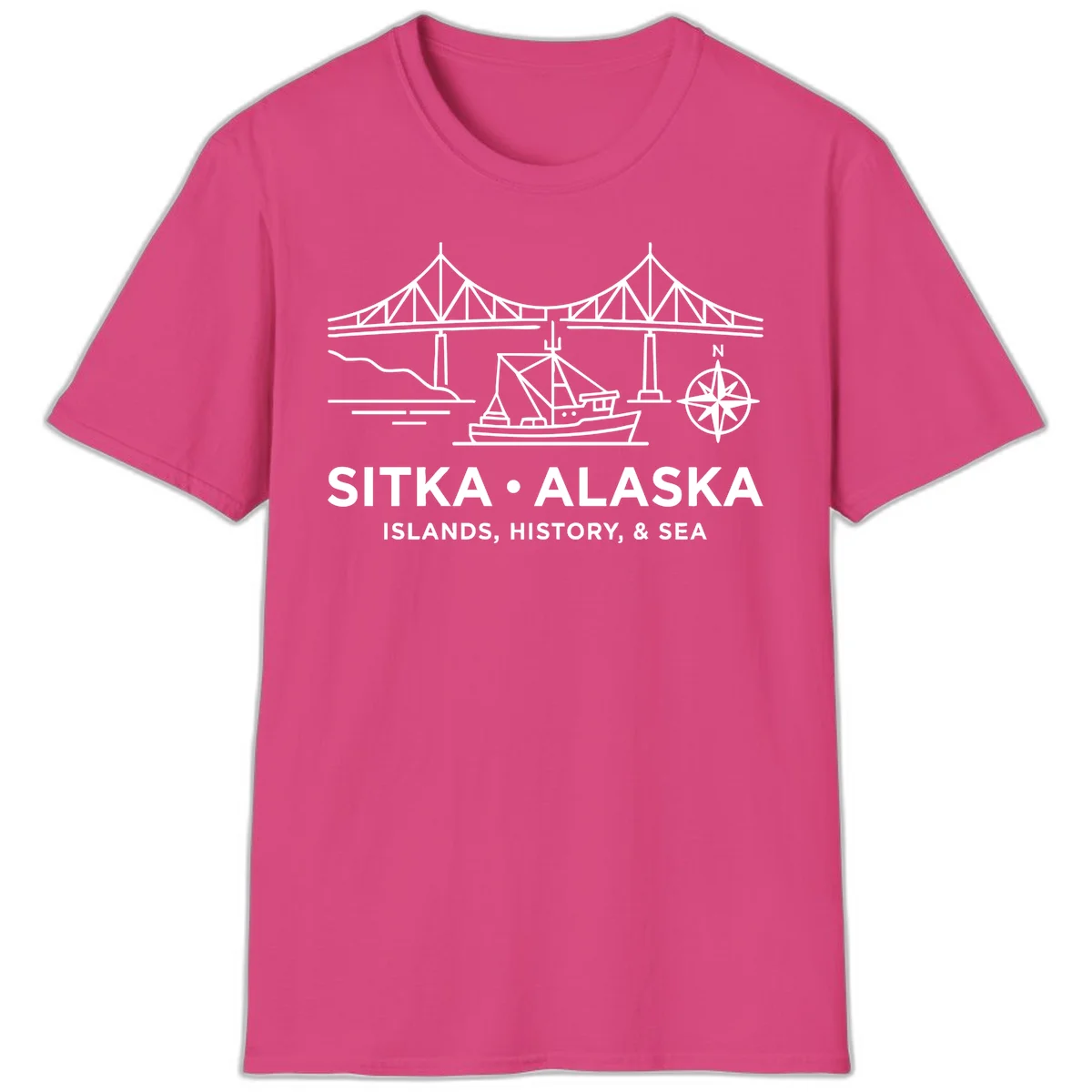 Sitka Alaska Bridge Boat Compass Rose T-Shirt in Heliconia