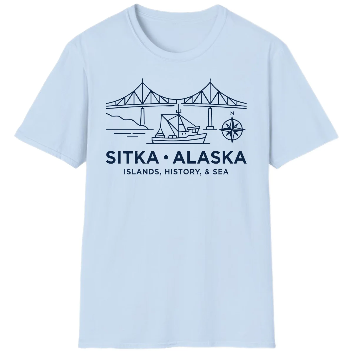 Sitka Alaska Bridge Boat Compass Rose T-Shirt in Light Blue