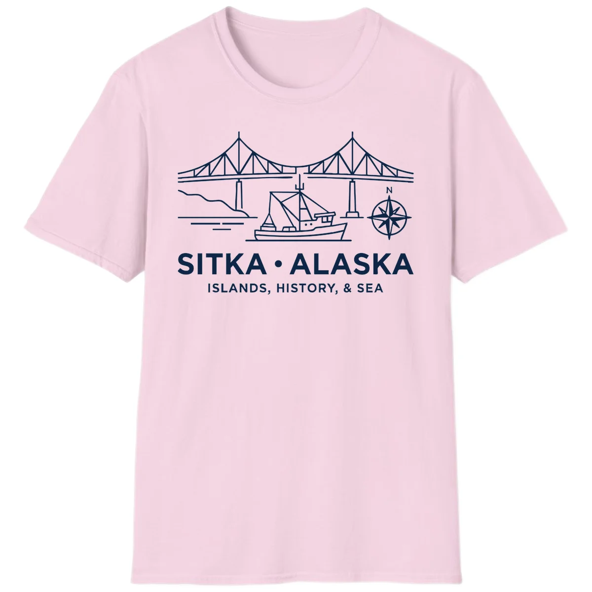 Sitka Alaska Bridge Boat Compass Rose T-Shirt in Light Pink