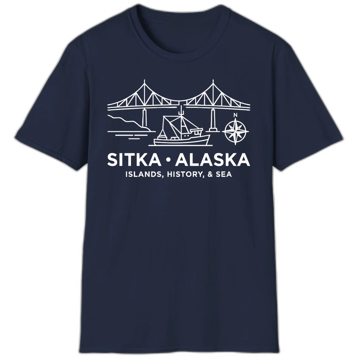 Sitka Alaska Bridge Boat Compass Rose T-Shirt in Navy