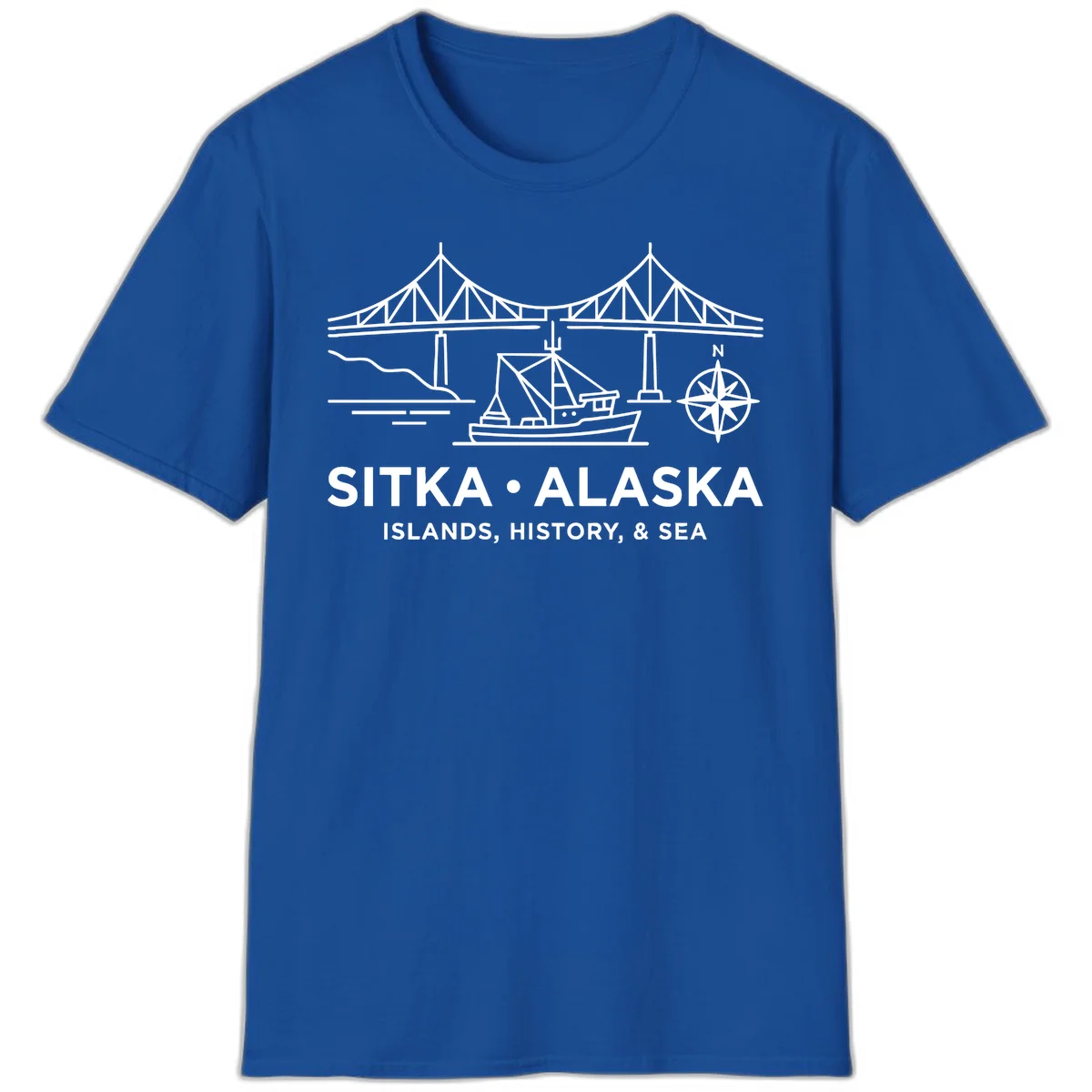 Sitka Alaska Bridge Boat Compass Rose T-Shirt in Royal