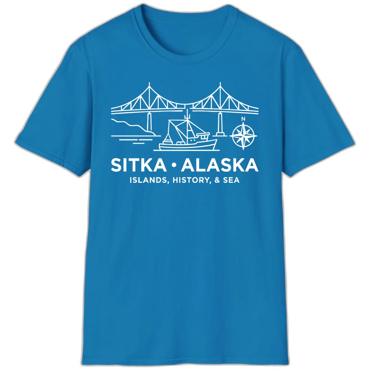 Sitka Alaska Bridge Boat Compass Rose T-Shirt in Sapphire