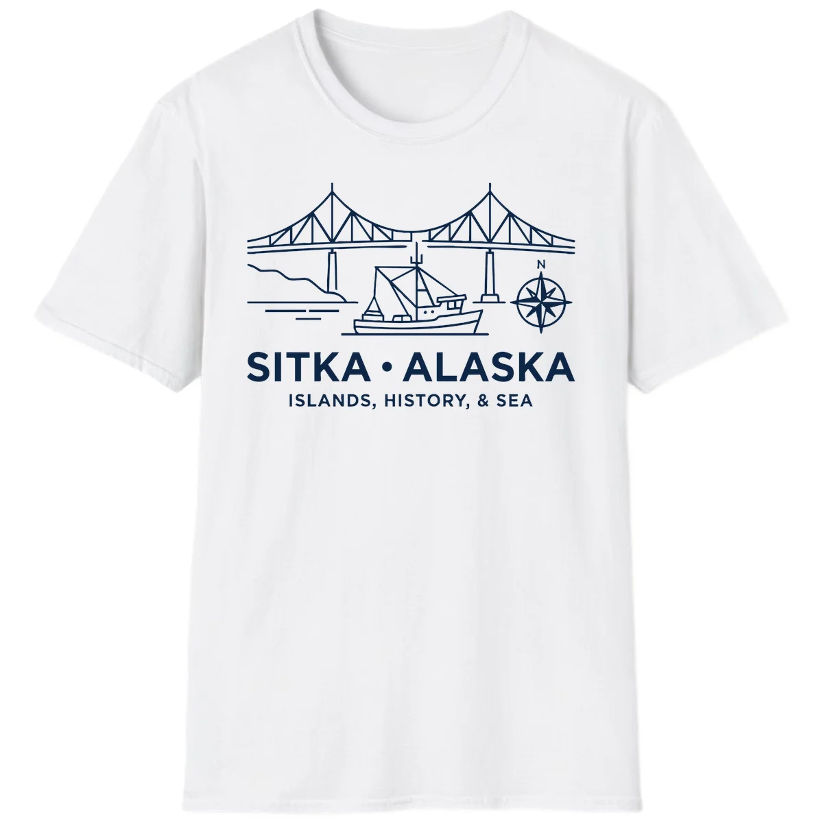 Sitka Alaska Bridge Boat Compass Rose T-Shirt in White