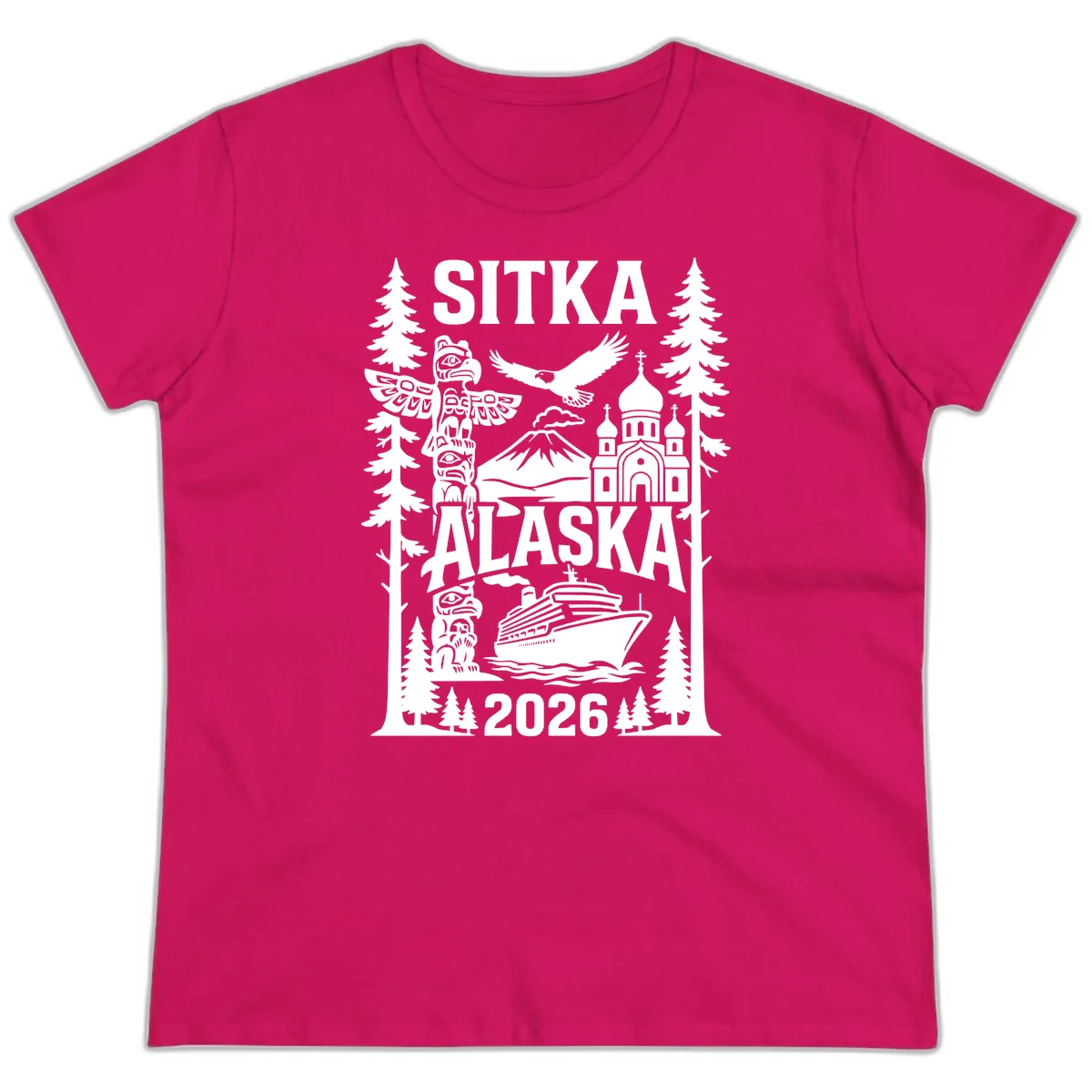 Sitka Alaska Cruise Heritage Ladies Tee in Heliconia