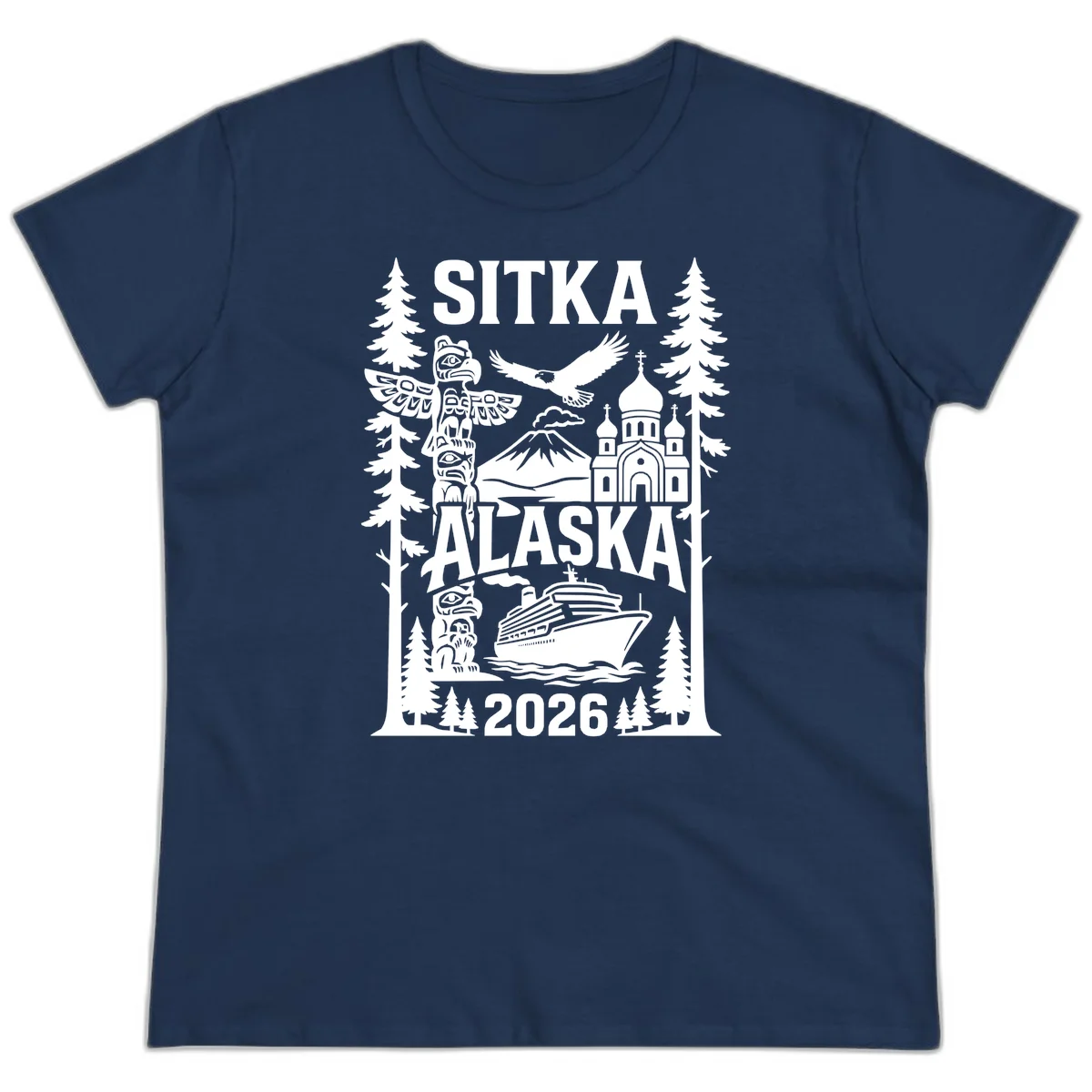 Sitka Alaska Cruise Heritage Ladies Tee in Navy