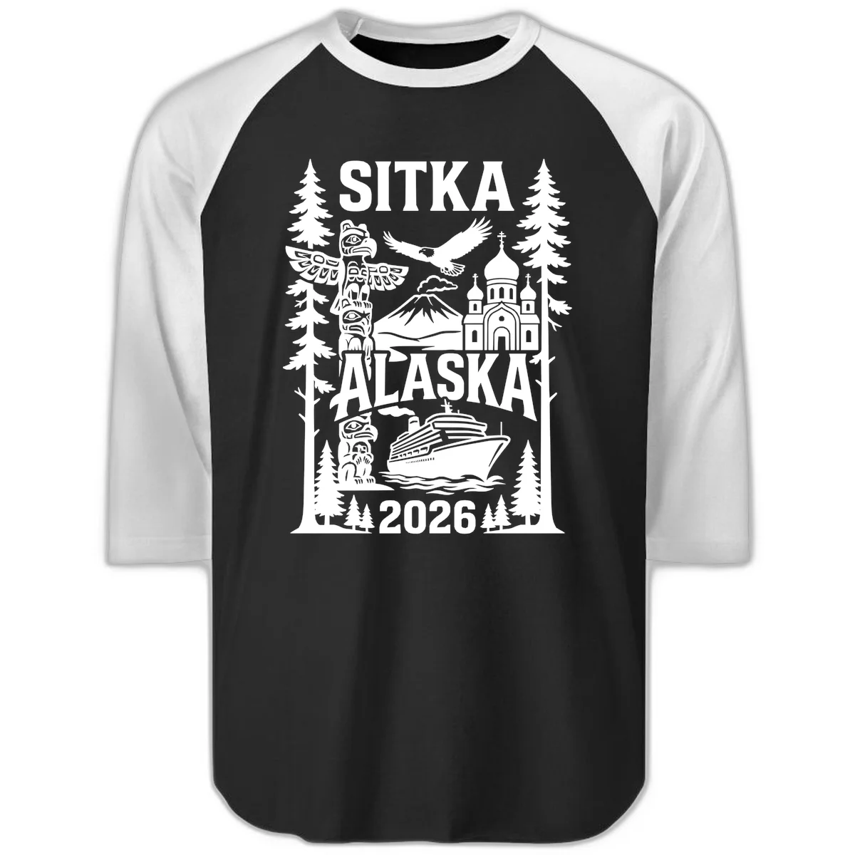Sitka Alaska Cruise Heritage Raglan 3/4 in Black White