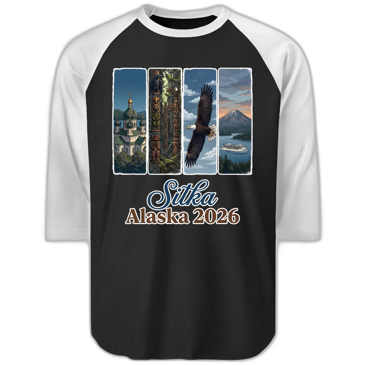Sitka Alaska 2026 Cultural Icons Raglan 3/4 Sleeve in Black White
