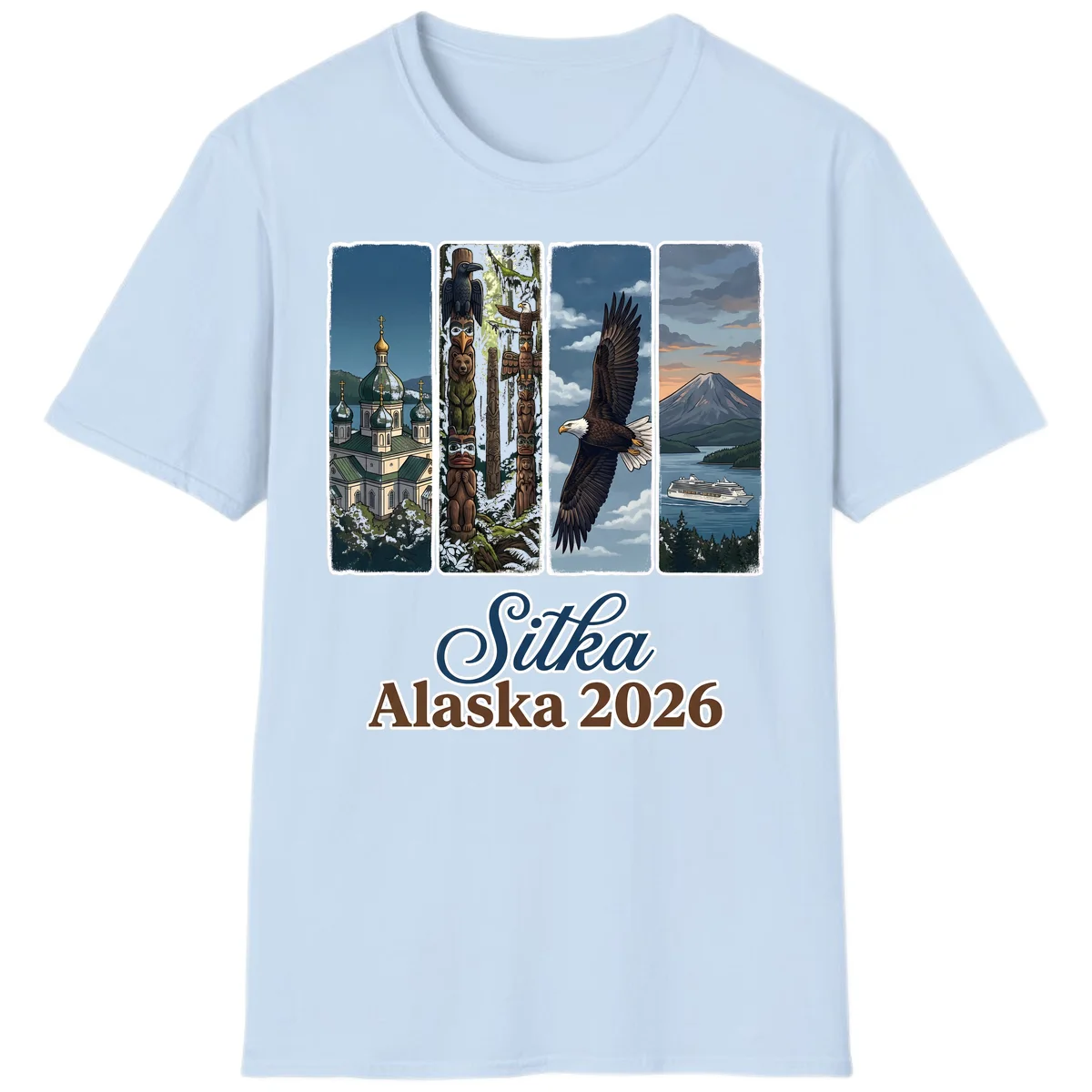 Sitka Alaska 2026 Cultural Icons T-Shirt in Light Blue