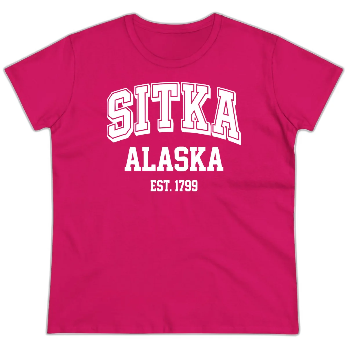 Sitka Alaska Est 1799 Vintage Badge Ladies Tee in Heliconia