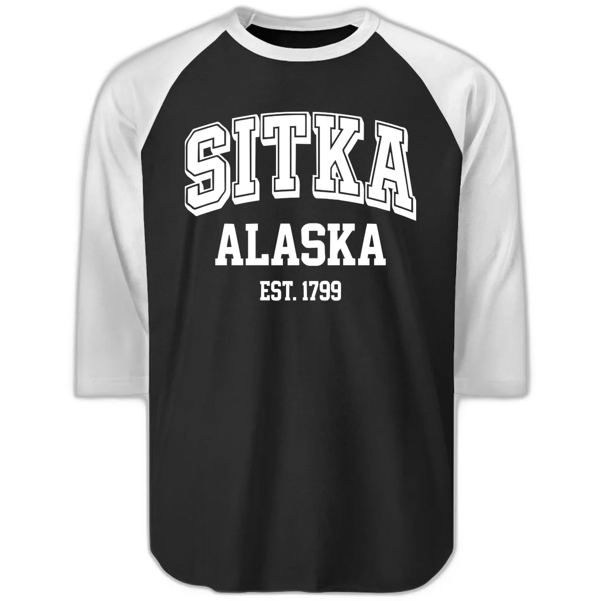 Sitka Alaska Est 1799 Vintage Badge Raglan 3/4 in Black White