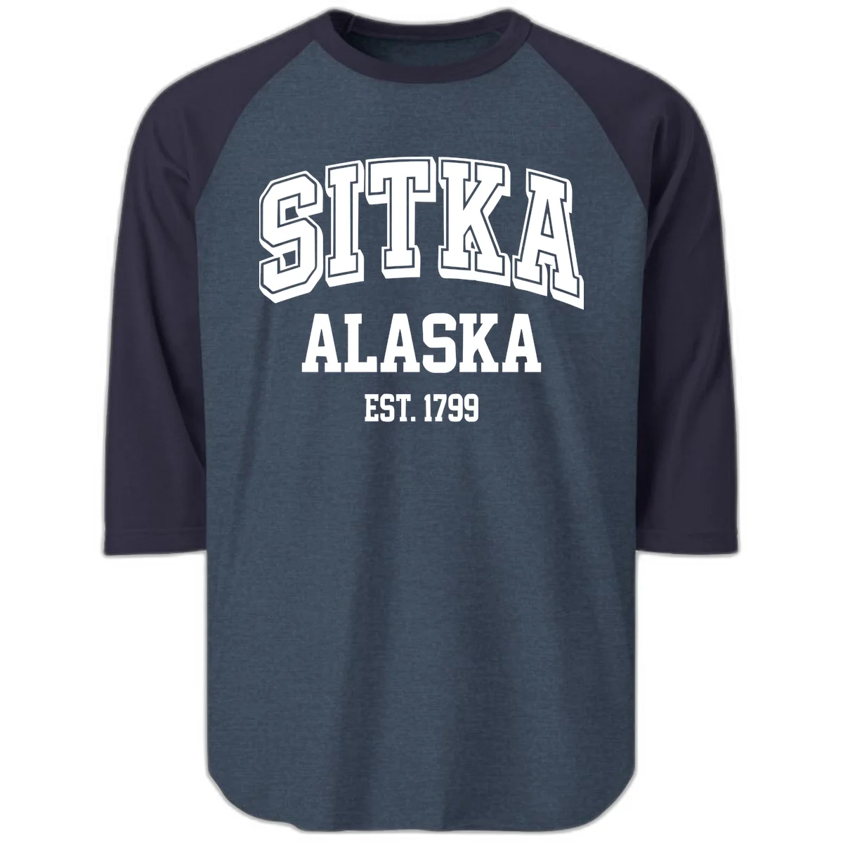 Sitka Alaska Est 1799 Vintage Badge Raglan 3/4 in Heather Denim Navy