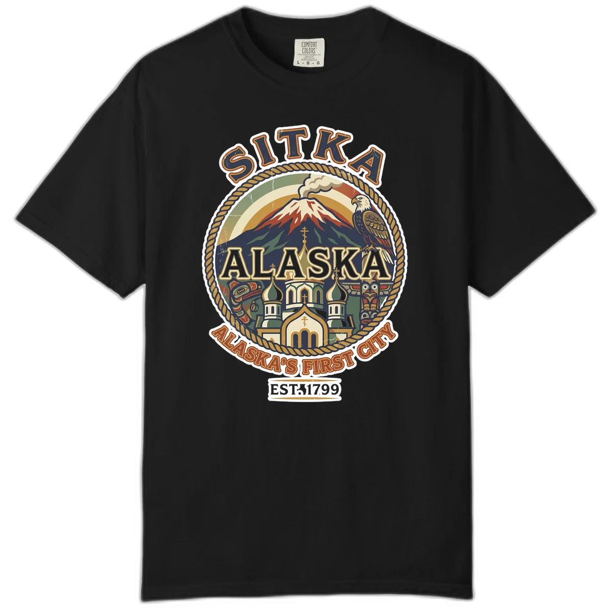 Sitka Alaska's First City Badge Comfort Color Tee in Black