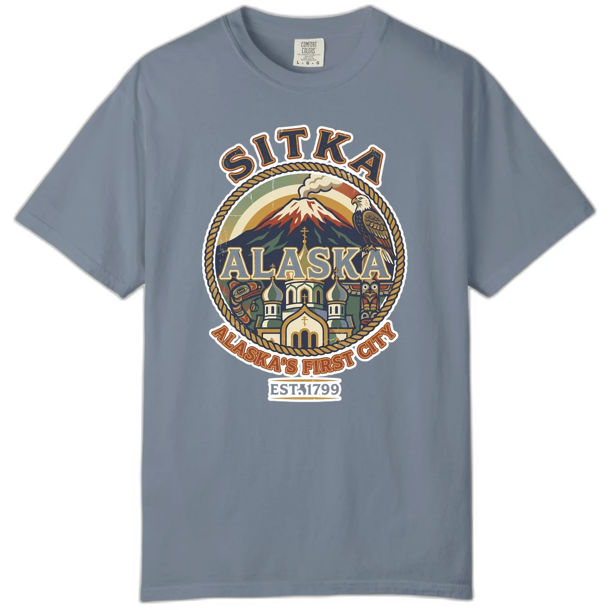 Sitka Alaska's First City Badge Comfort Color Tee in Blue Jean