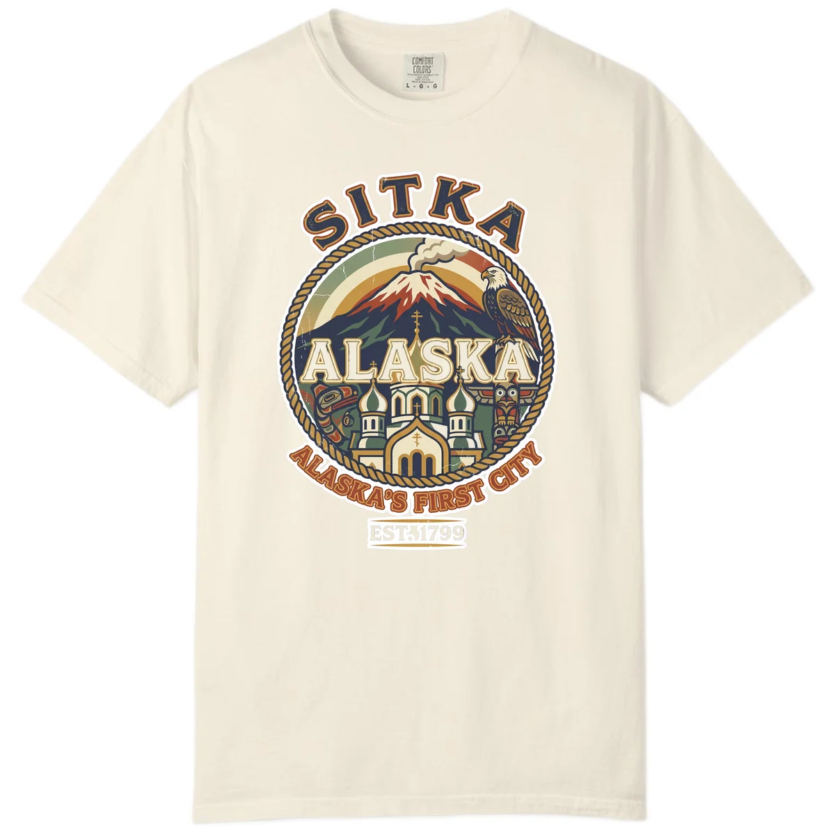 Sitka Alaska's First City Badge Comfort Color Tee in Ivory