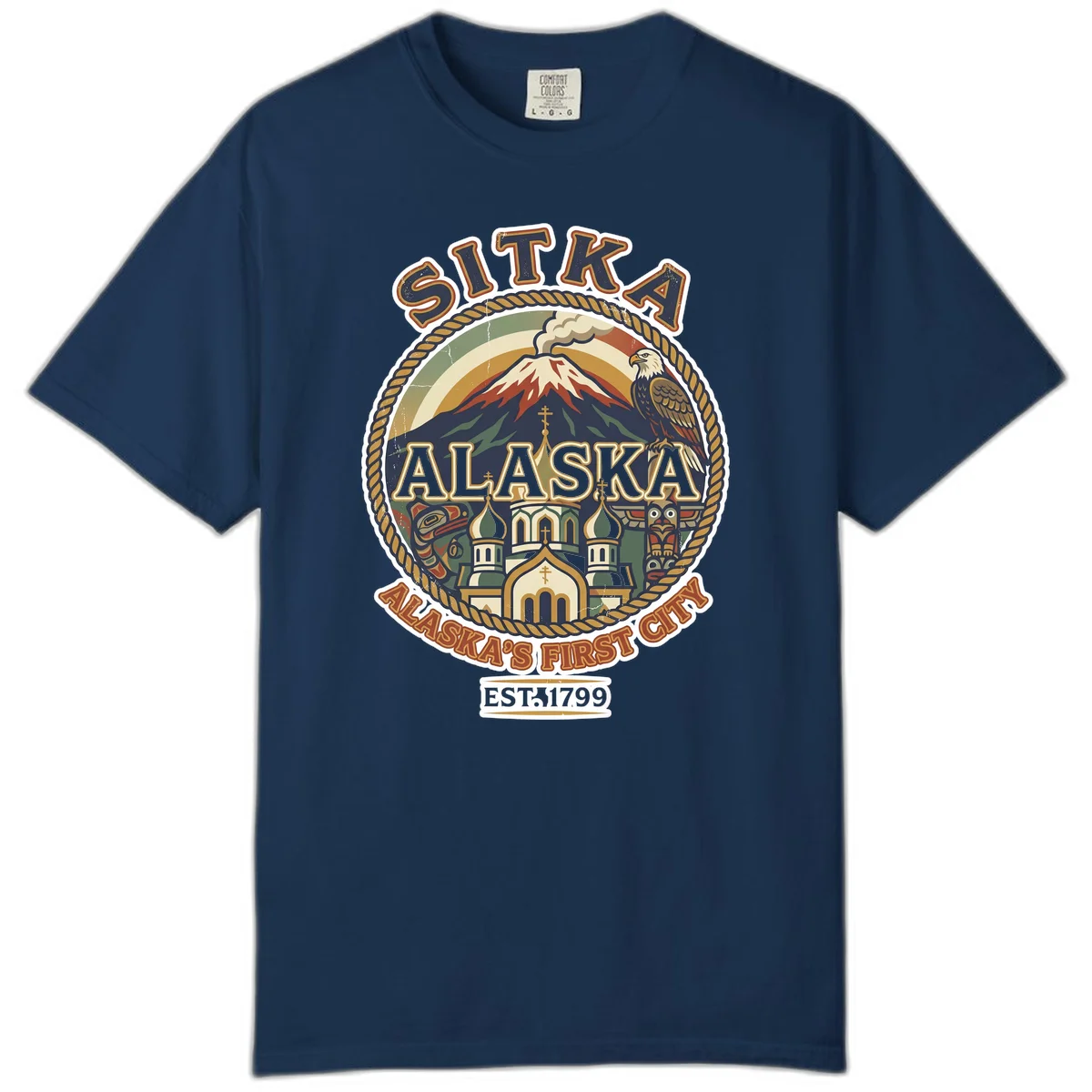 Sitka Alaska's First City Badge Comfort Color Tee in Navy