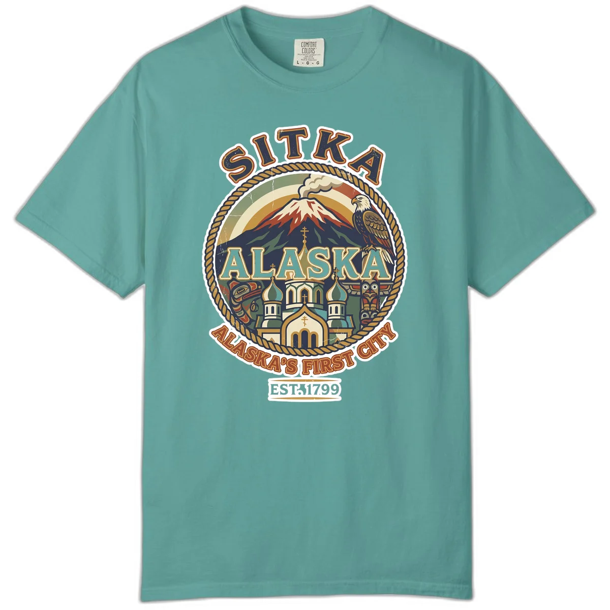 Sitka Alaska's First City Badge Comfort Color Tee in Seafoam