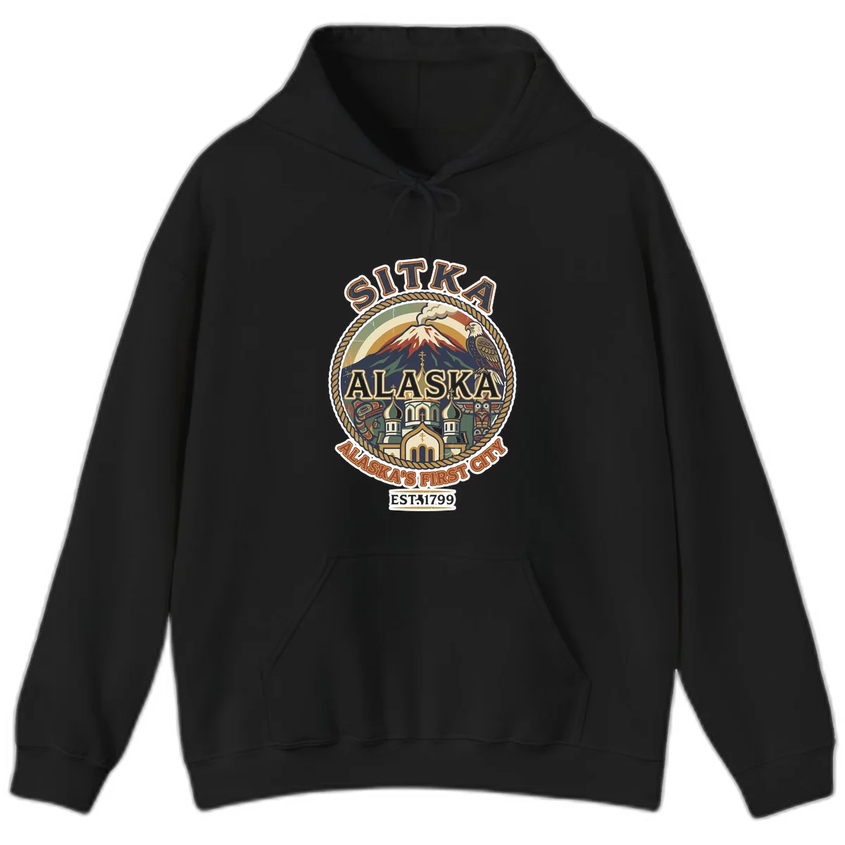 Sitka Alaska's First City Badge Hoodie in Black