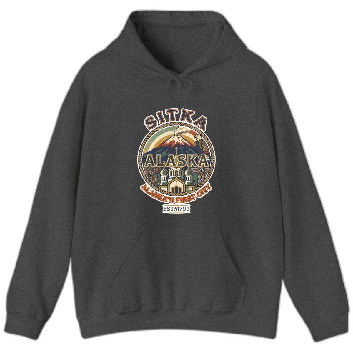 Sitka Alaska's First City Badge Hoodie in Dark Heather
