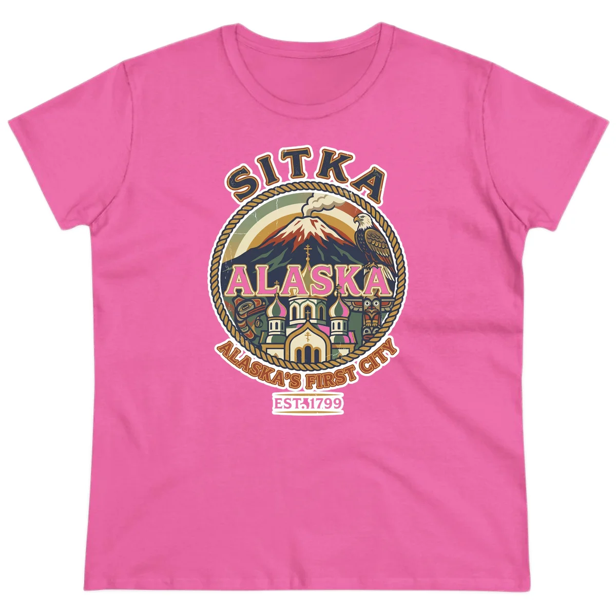 Sitka Alaska's First City Badge Ladies Tee in Azalea